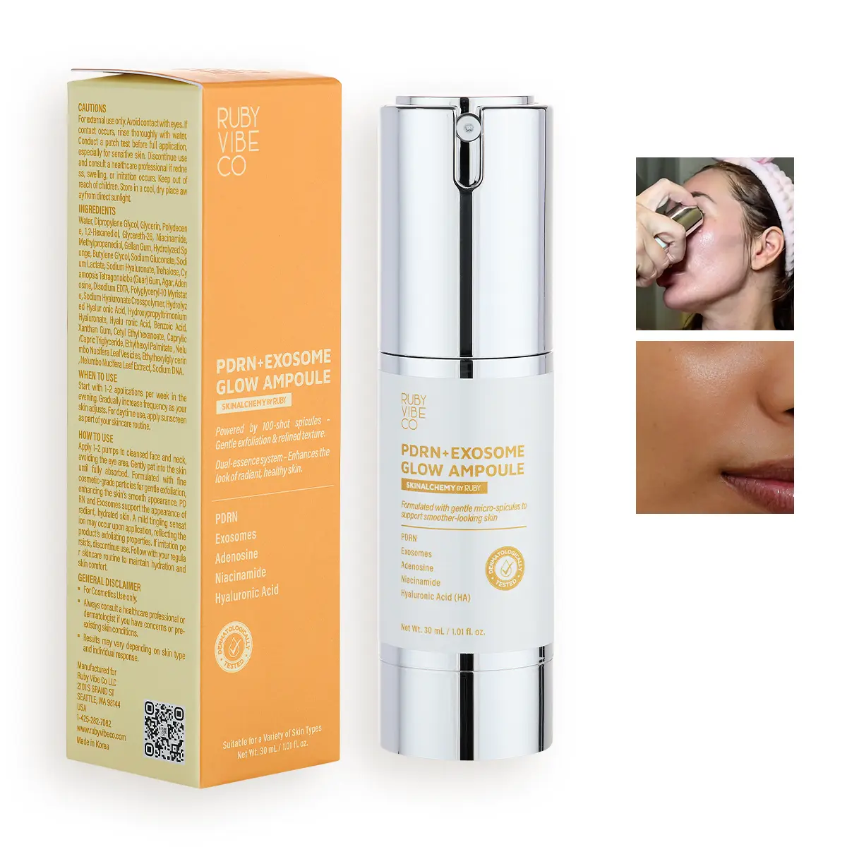 RUBY VIBE CO DRN+Exosome Glow Ampoule - PDRN Serum Facial Serum with Exosome-Inspired Technology, Hyaluronic Acid Serum for Face & Niacinamide Serum, Hydrating Face Serum for Smoother-Looking Skin, 1.01 fl oz