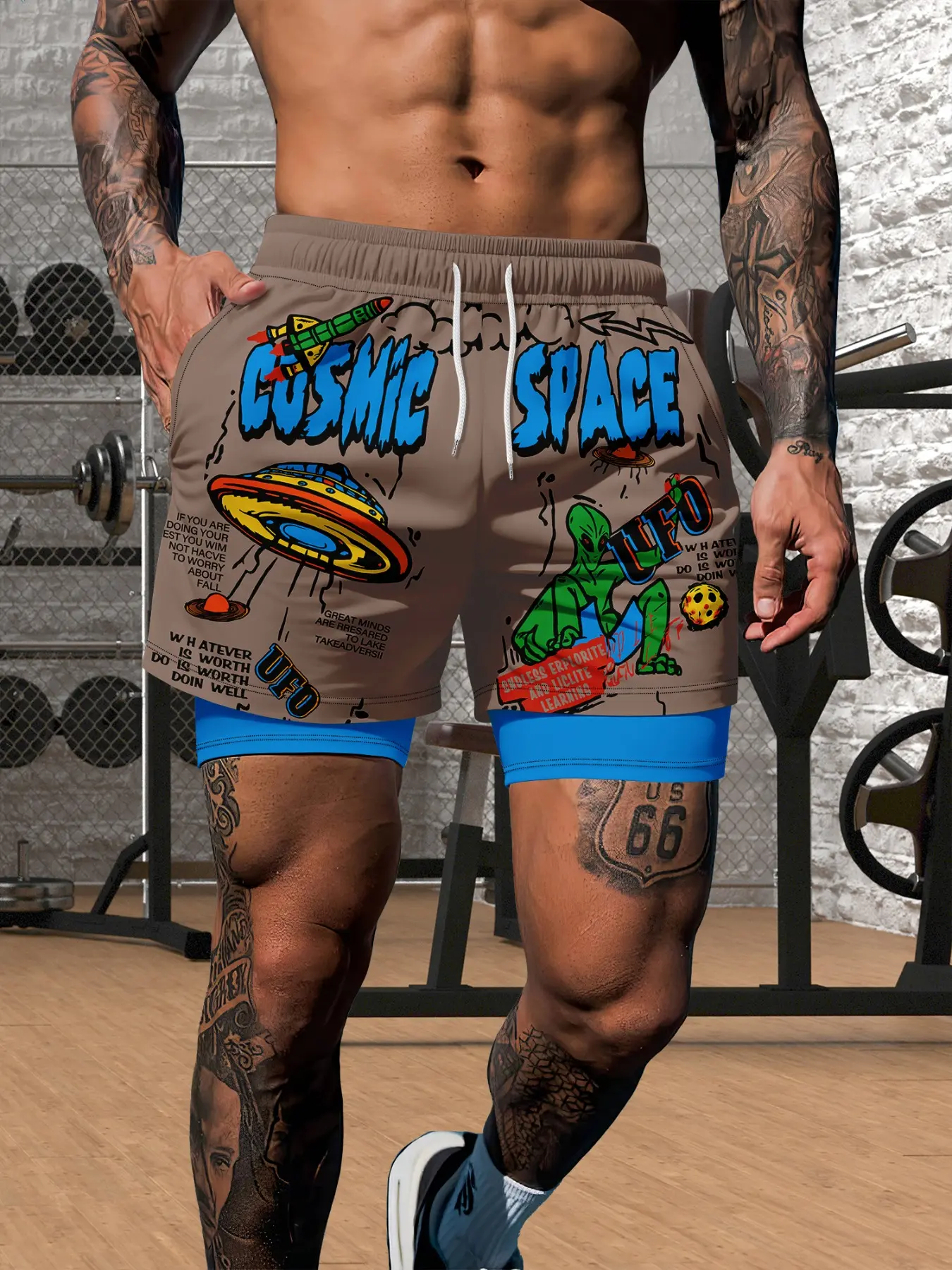 Men's Alien Spaceship Print Casual Wear Shorts, Two-In-One Beach Pants Beachwear, Mid-Waist Hawaiian Vacation, Elastic Drawstring Waistband