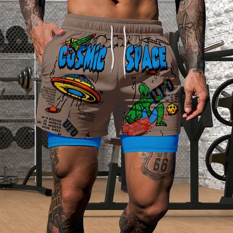 Men's Alien Spaceship Print Casual Wear Shorts, Two-In-One Beach Pants Beachwear, Mid-Waist Hawaiian Vacation, Elastic Drawstring Waistband