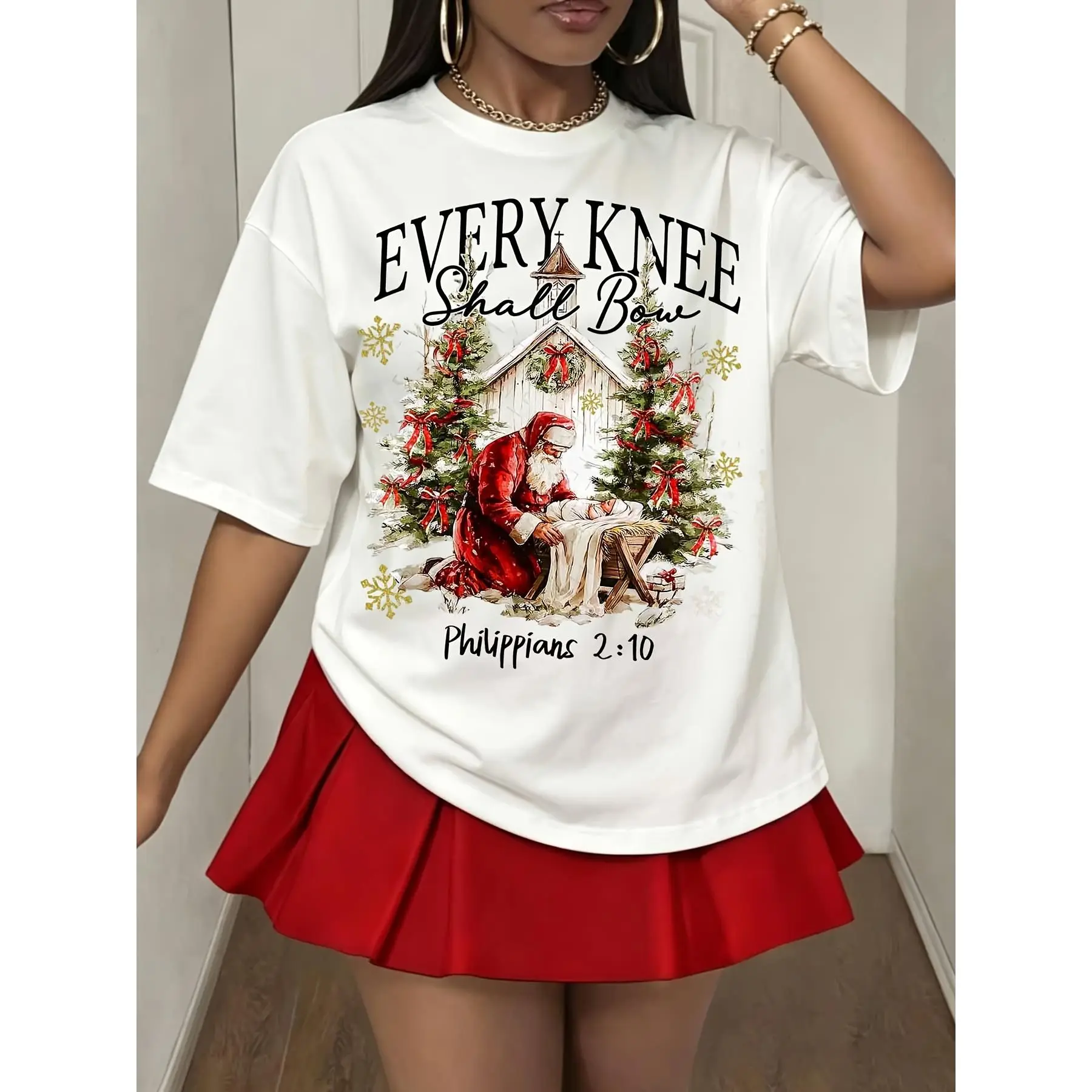 Women's Flat Oversized Simple Fabric Christmas T-Shirt, Philippians 2:10 Religious Holiday Tops, Santa Nati Tee