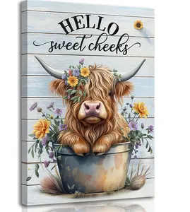 Funny Highland Cow Wall Art for Bathroom Restroom Farmhouse Home Decor Canvas Prints Framed Gallery Wrapped Quirky Humor Aesthetic Ready to Hang