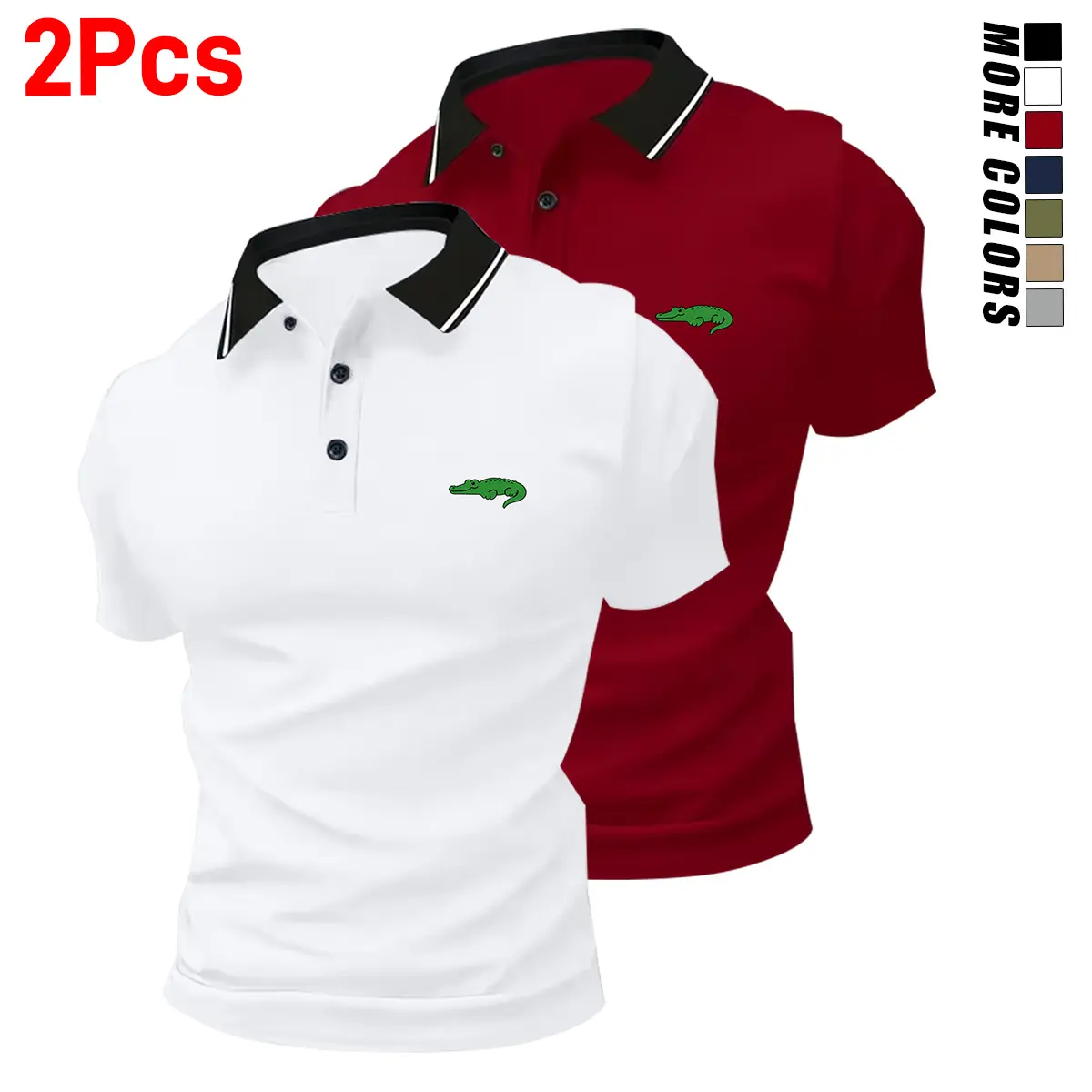 Men’s stylish polo shirt set featuring a small green crocodile print (2 pieces). Fashionable business-casual polo shirts with turn-down collars—comfortable, breathable short sleeves for summer; ideal as a gift.,back to school,back to school shopping