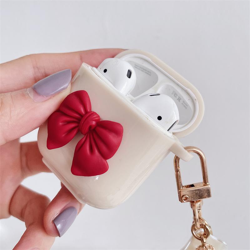 Bow Shell Earphone Case Cover | Cute Wireless Earbud Protective Case | Beige & Red Bow Pendant Charm