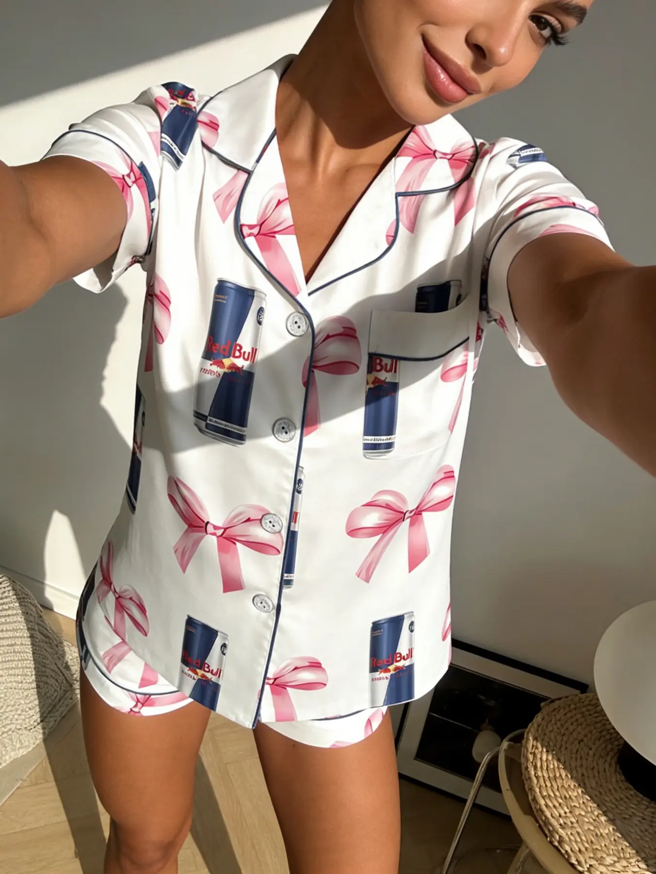 Sweet Spicy Girl Delight! Cute Soda Can Bow Print Pajama Set, Pyjamas Women's Short Sleeve Shorts Fitted Lapel Open Front Homewear, Loungewear Nightwear Two-Piece Set Pjs