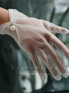 bridal short wedding dress gloves photography wedding white gauze beads women's white wedding lace gloves
