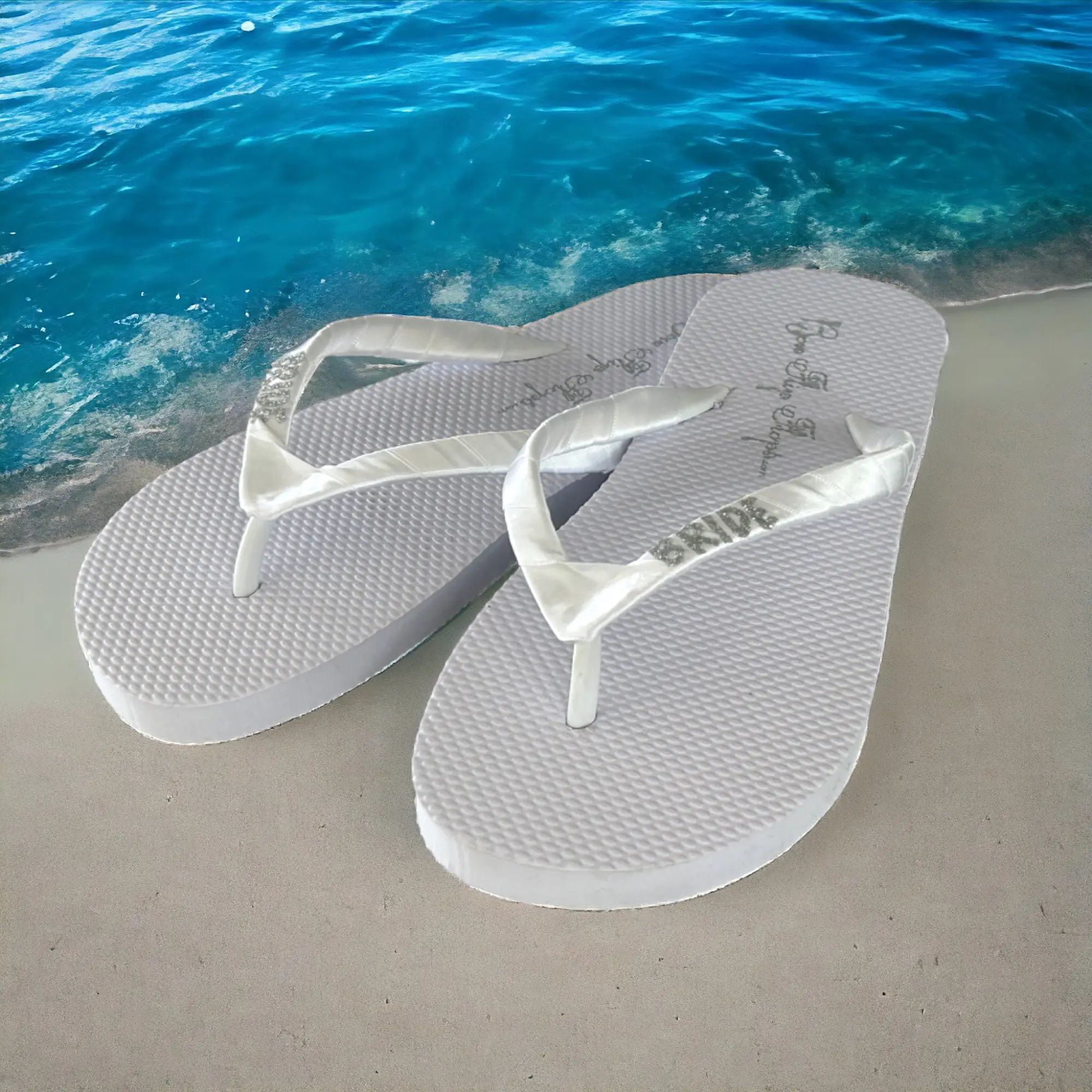 White with Silver Glitter Bride Flat Flip Flops for Destination Wedding Shoes