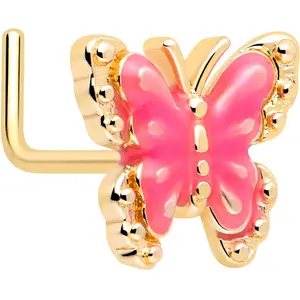 20G 7mm Gold Tone Butterfly Pink Splash L Shape Nose Ring