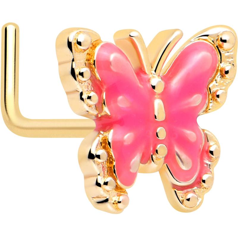 20G 7mm Gold Tone Butterfly Pink Splash L Shape Nose Ring