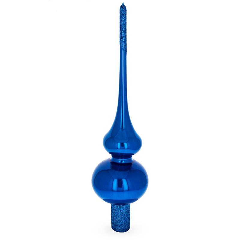 Glossy Blue with Sparkling Top Mouth Blown Glass Christmas Tree Topper 11 Inches
