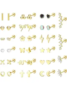 20 Pairs Rose Golden Stainless Steel Stud Earrings 20G Tiny Earrings Stud for Women Men Versatile Piercing Earrings Set Small Snake Star Moon Ball Butterfly Flower Heart Screw Flat Back Stud Earrings