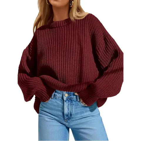 PiePieBuy Women's Oversized Loose Lady's Ribbed Detail Round Neck Longsleeves Knitwear - Soft Chunky Acrylic Pullover, Retro Fashion Batwing Sleeve Pull On Basic Top, Machine Washable Casual