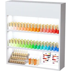 OmySalon Wall Mounted Display Rack, 3-Tier LED Nail Polish Organizer Shelf with USB Touch Control, for Nail Salon, Spa, Beauty Studio Storage, Wooden Retail Display