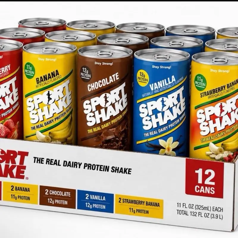 Sport Shake Real Dairy Protein Shake Variety Pack, 12 Cans (11 fl oz Each), Chocolate, Vanilla, Banana & Strawberry Banana 5 koulè melange