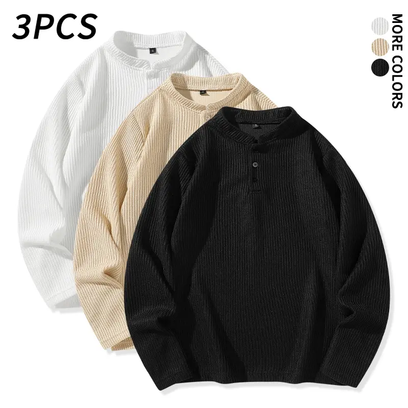 3 pcs men’s textured ribbed Henley crewneck pullover sweaters, comfortable knit fabric, loose oversized long sleeves, essential layering tops for everyday wear, office, and travel, minimalist street style