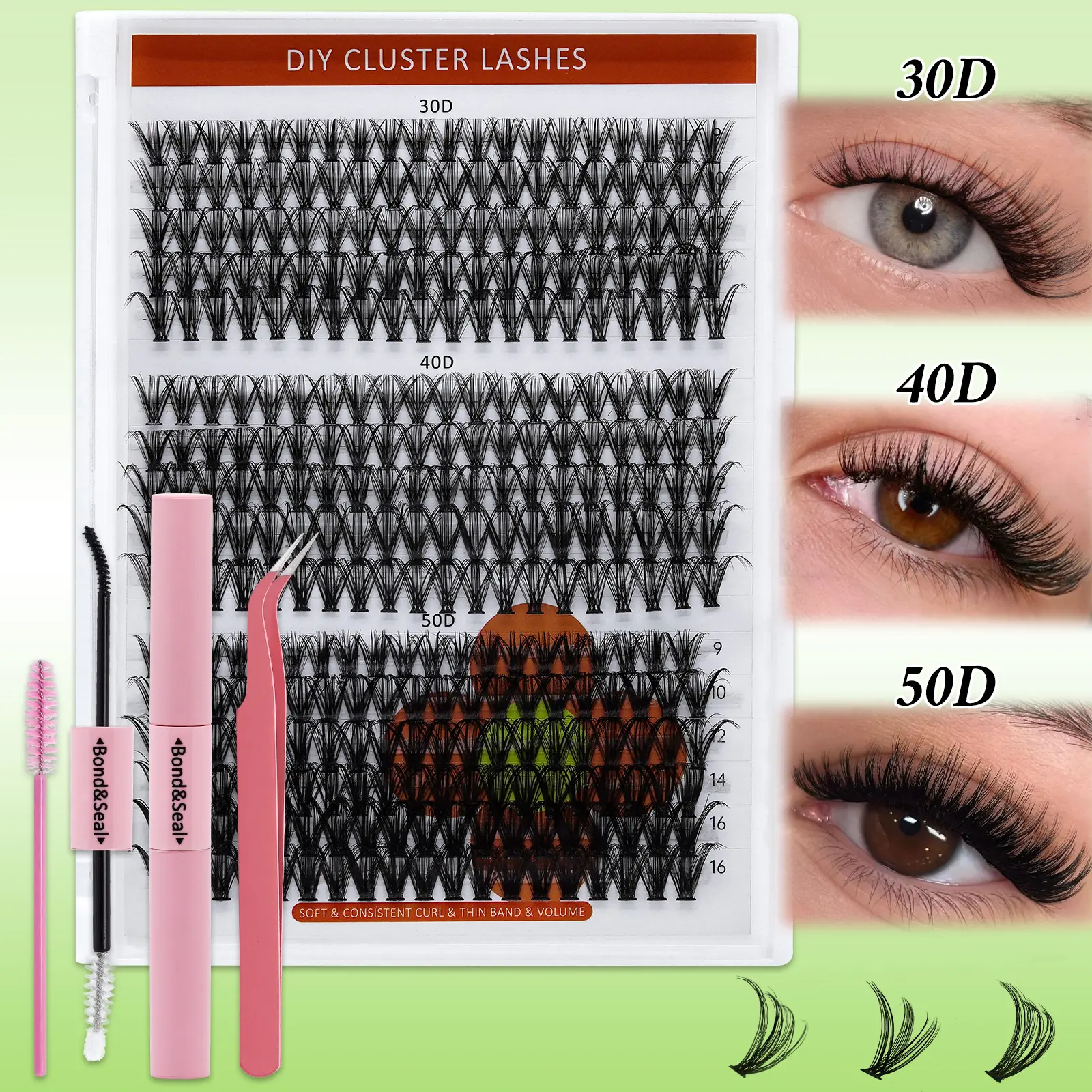 DIY Eyelashes Extensions Kit, 320pcs/280pcs D Curl Wispy Cluster Lashes, 9-16mm Mixed Lengths, 30D-40D-50D Volume Set with Bond & Seal, Tweezers, Beginner-Friendly Design