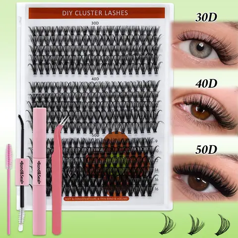 Beginner DIY Lash Cluster Eyelash Extensions Makeup Kit - 320pcs 0.07mm Thin D Curl Wispy Finish Cluster Lashes, 9-16mm Mixed Lengths, 30d-40d-50d PBT Material Set with Bond, Seal, Tweezers for At-Home Volume Look