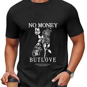Exclusive "No Money But Love" Men's Fine Line Graphic T-Shirt - Artistic Floral & Butterfly Design Tee, Urban Streetwear Style Short Sleeve, Unique Statement Top for Men