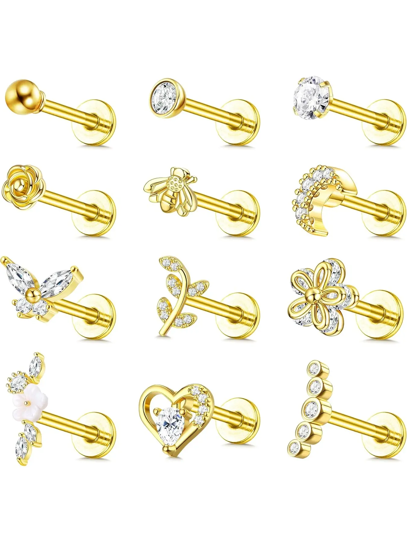 12Pcs 16G Tragus Earrings for Women Cartilage Earring Flat Back Stainless Steel Screw CZ Butterfly Bee Flower Flatback Stud Earrings Labret Conch Helix Cartilage Piercing Jewelry Set, Body Jewellery, Body Piercing Jewelry Cartilage Piercings