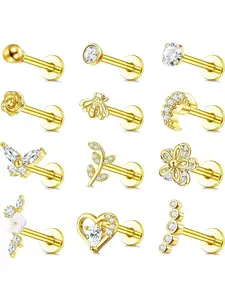 12Pcs 16G Tragus Earrings for Women Cartilage Earring Flat Back Stainless Steel Top Screw CZ Butterfly Bee Flower Moon Heart Flatback Stud Earrings Labret Conch Helix Cartilage Tragus Piercing Jewelry Set Body Piercing Jewelry