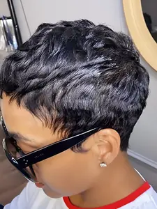 black blonde burgundy brown color machine made Adjustable Human Hair pixie wig daily party use human hair wig for women stylish gift wig layered pixie cut human hair wig short straight human hair wig