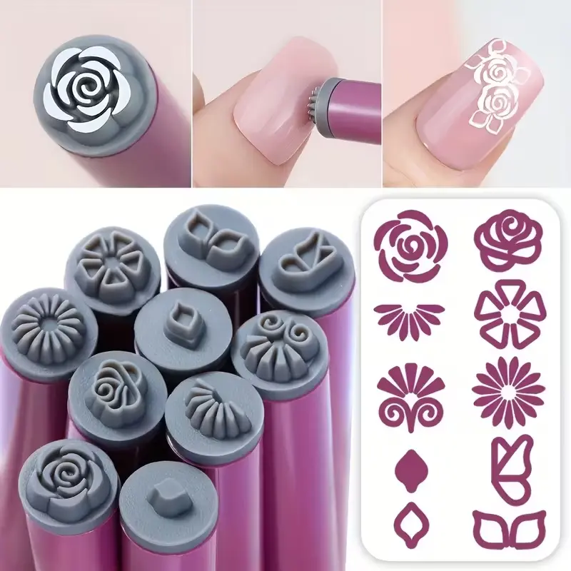 15-Piece Nail Art Stamping Kit, Multiple Floral Templates, Silver Color, Adjustable & Rotatable, Professional Salon Use, Beauty Enthusiasts