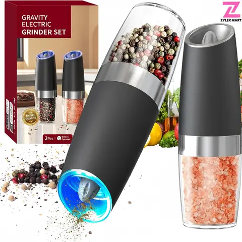 Z ZYLER MART 2-Pcs Auto Salt & Pepper Gravity Grinder Set - Kitchenware, Ceramic Body, LED Light, Battery Operated, Automatic Operation, Adjustable Coarseness, Large Capacity for Home Cooking, Black Modern Kitchen Gadget