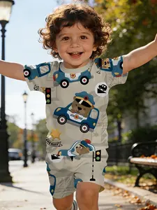 City Hero Little Bear Sheriff Printed Infant Short-sleeve Set, Baby Casual Children's Clothing, suitable for daily and outdoor activities. The T-shirt is 100% polyester, a perfect gift for infants!