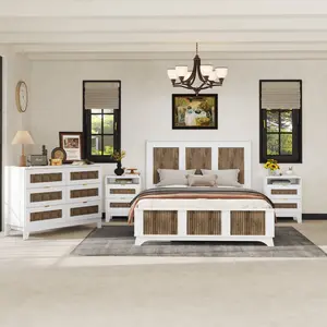 4-Pieces Bedroom Sets, Queen Size Farmhouse Platform Bed with Wooden Strip Stickers Decoration, Storage Nightstand and Dresser with Metal Handle, White