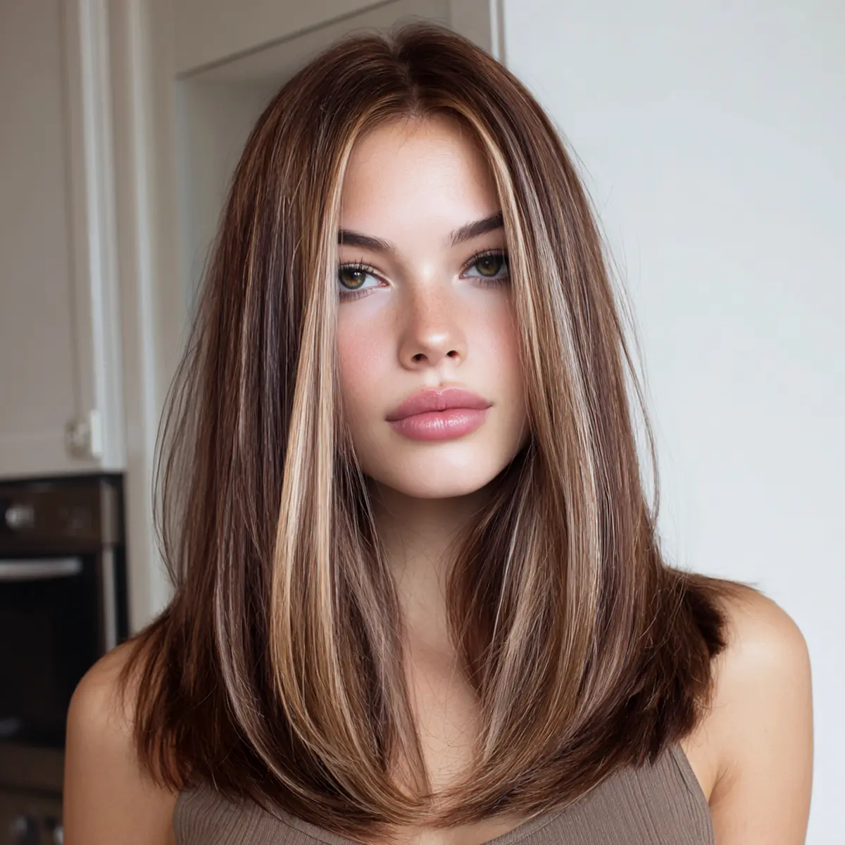SMILCO 18nch Highlight Dark Brown 13*4 Free Part Lace Front Medium Straight Synthetic Wig SM9896 Natural Looking Wig Adjustable Wig Head