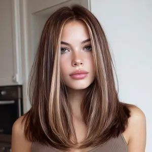 SMILCO 18nch Highlight Dark Brown 13*4 Free Part Lace Front Medium Straight Synthetic Wig SM9896 Natural Looking Wig Adjustable Wig Head