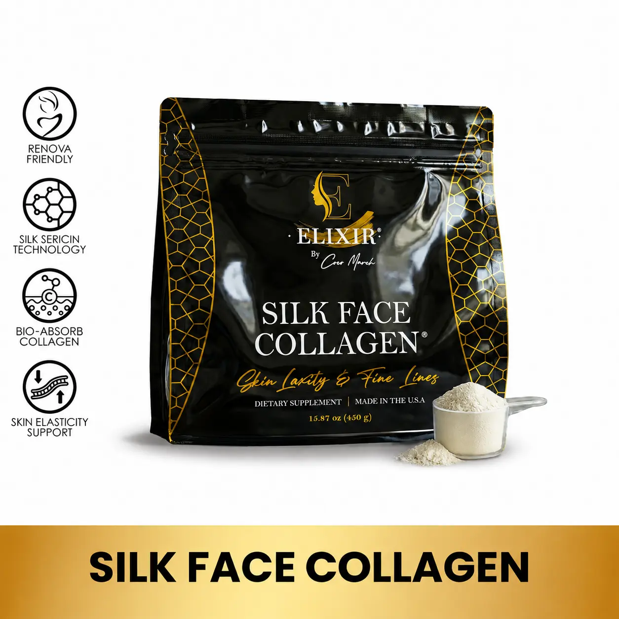 Cocó March Silk Face Collagen - Formulated for Face & Neck | Sericin-Activated Ultra Low Molecular Weight Collagen – Supports Skin Elasticity and Smooth Appearance – 14g Protein – 15.87 oz (450g) NO Taste-Dissolves Instantly