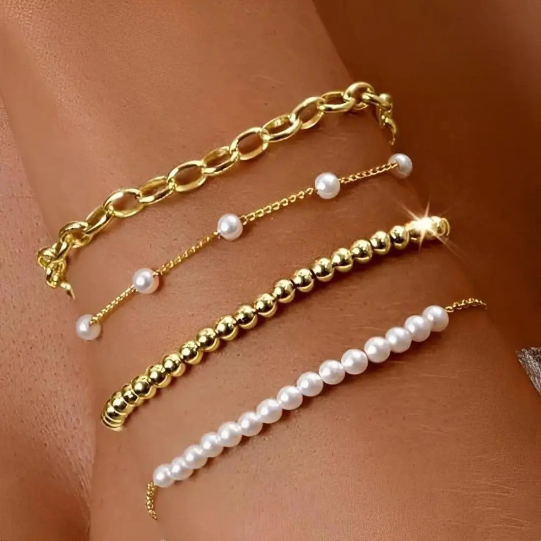 Women's 4-PCS Dainty Gold Stackable Jewelry Set - Pearl Crystal Beaded Bracelets, Paperclip Link Chain Bracelets, Trendy Fashion Accessories, Bracelets For Women