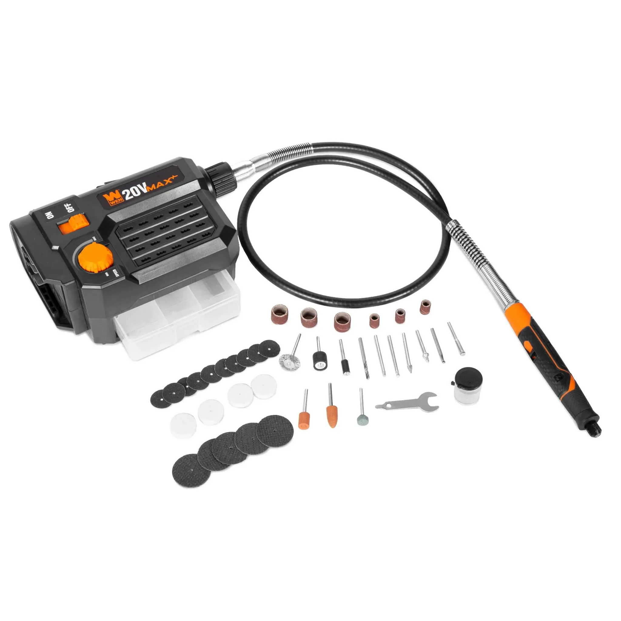 WEN 20923BT 20V Max Cordless Variable Speed Rotary Tool Station, with Flex Shaft, 40 Accessories (Drill Bit, Sanding Bands, Diamond-Coated Grinding Bits, Felt Polishing Wheels), Tool Only - Battery Not Included, Compatible with WEN 20V Max Series, Maximum