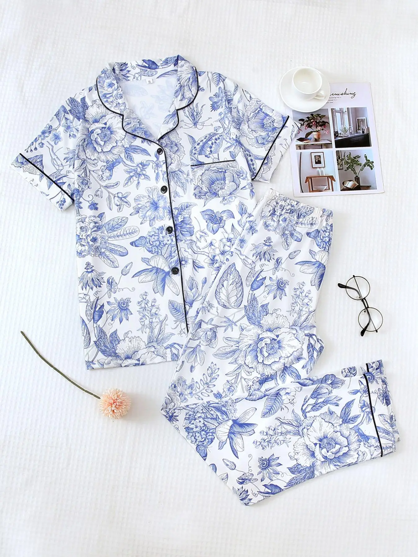 2 Counts Women's Plants Print Pyjama Set, Chic Pocket Button Sleep Shirt & Elastic Waist Pants, Sleepwear Homewear Co-ord Set For Summer, Summer Outfi