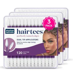 Classic Hair Tees - Dual Tip Applicators - Pointed and Rounded Swab - for Precise Edge Taming & Control - Multifunctional for Your Beauty Needs - 120 Cotton Tips - 3 Pack Haircare Heatless