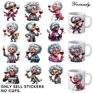UV DTF Transfer Sheets, Mark Cup Wraps, Funny Stickers, 12 Pieces The Grandma Who Loves Drinking Red Wine Patterns UV DTF Transfer Paper Waterproof And Scratch Resistant Transfer Paper Suitable For Cups Decorations Uvdtf Sticker Bottles