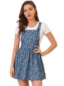 INSPIRE CHIC Printed Overall Adjustable Straps Suspender Mini Chambray Pinafore Dress