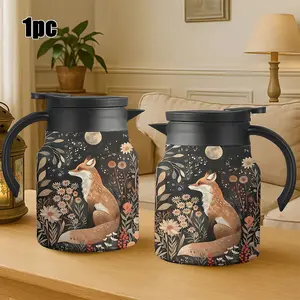 34 Oz Bohemian Floral Insulated Thermal Teapot with Handle, Double-Wall Stainless Steel Vacuum Carafe, Moonlit Night Fox Design Drinkware for Home and Office Decoration