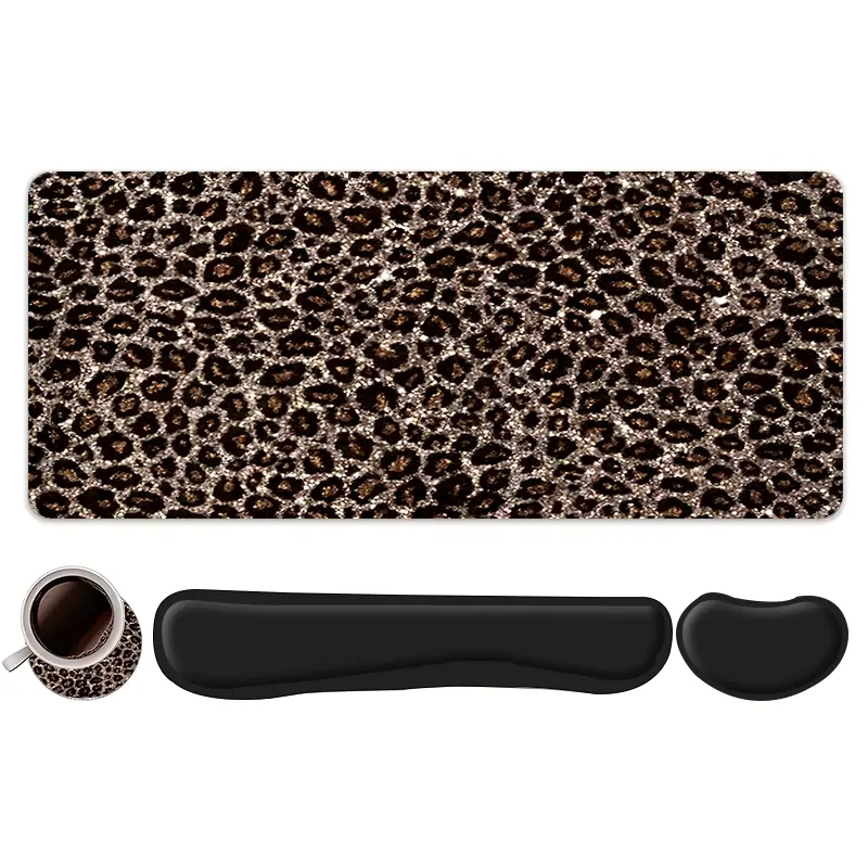 4pcs Leopard Print Design Mouse Pad + Keyboard Wrist Rest + Ergonomic Mouse Pad + Coaster Set, Mouse Pad With Wrist Rest, Gaming Mousepad For Desktop Decoration, Office Accessories Set Ergonomic Wrist Support, Home Office Gaming