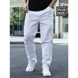 Men's Plus Size Cotton White Jeans Straight Leg Loose Fit Casual Solid Color Denim Pants