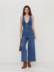 Cider Denim V-neck Button Pocket Wide Leg Jumpsuit