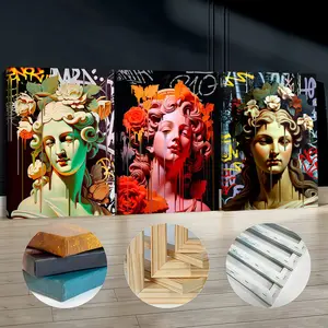 3Pcs Wooden Framed Canvas Painting, Melted Statue With Flowers And Graffiti Images, Exquisite Poster, Home Decoration, Pattern Wall Art Decor, For Living Room, Bedroom, Office, Restaurant, Bar Wall Decor, Odorless, Painting, Print Artwork.