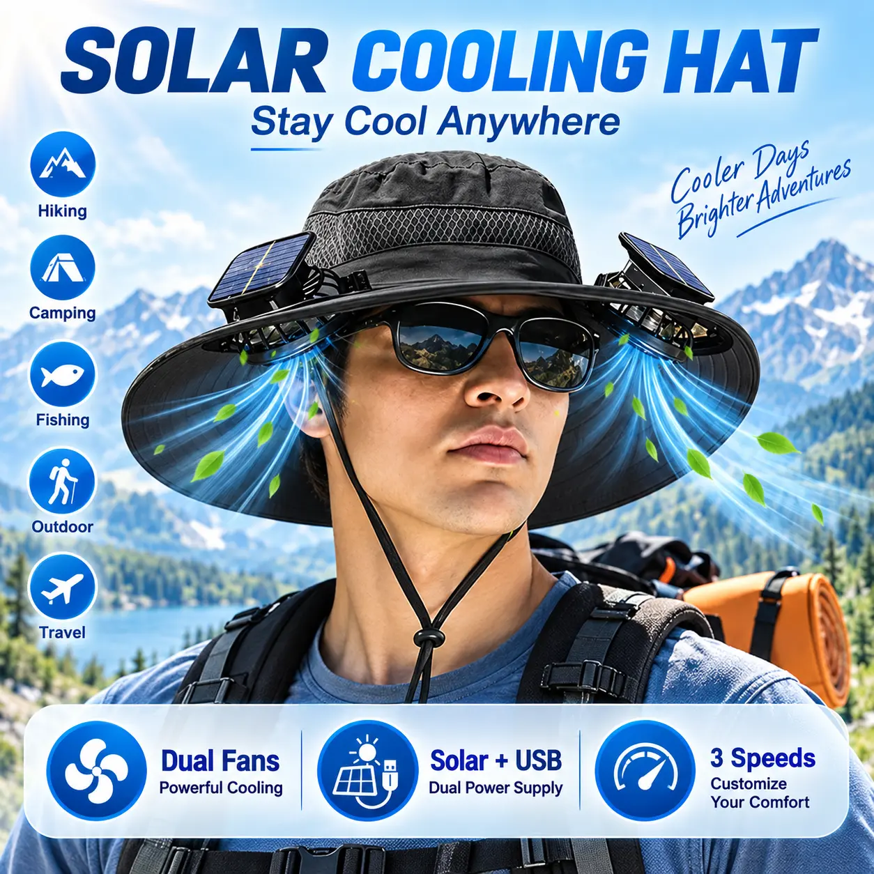 Unisex Adult Adjustable Size All-Season Dual Solar Fan Wide Brim Hat, 3-Speed Cooling, USB-C Charging, Water-Repellent, Cloth Mesh Outdoor Gear for Hiking Fishing