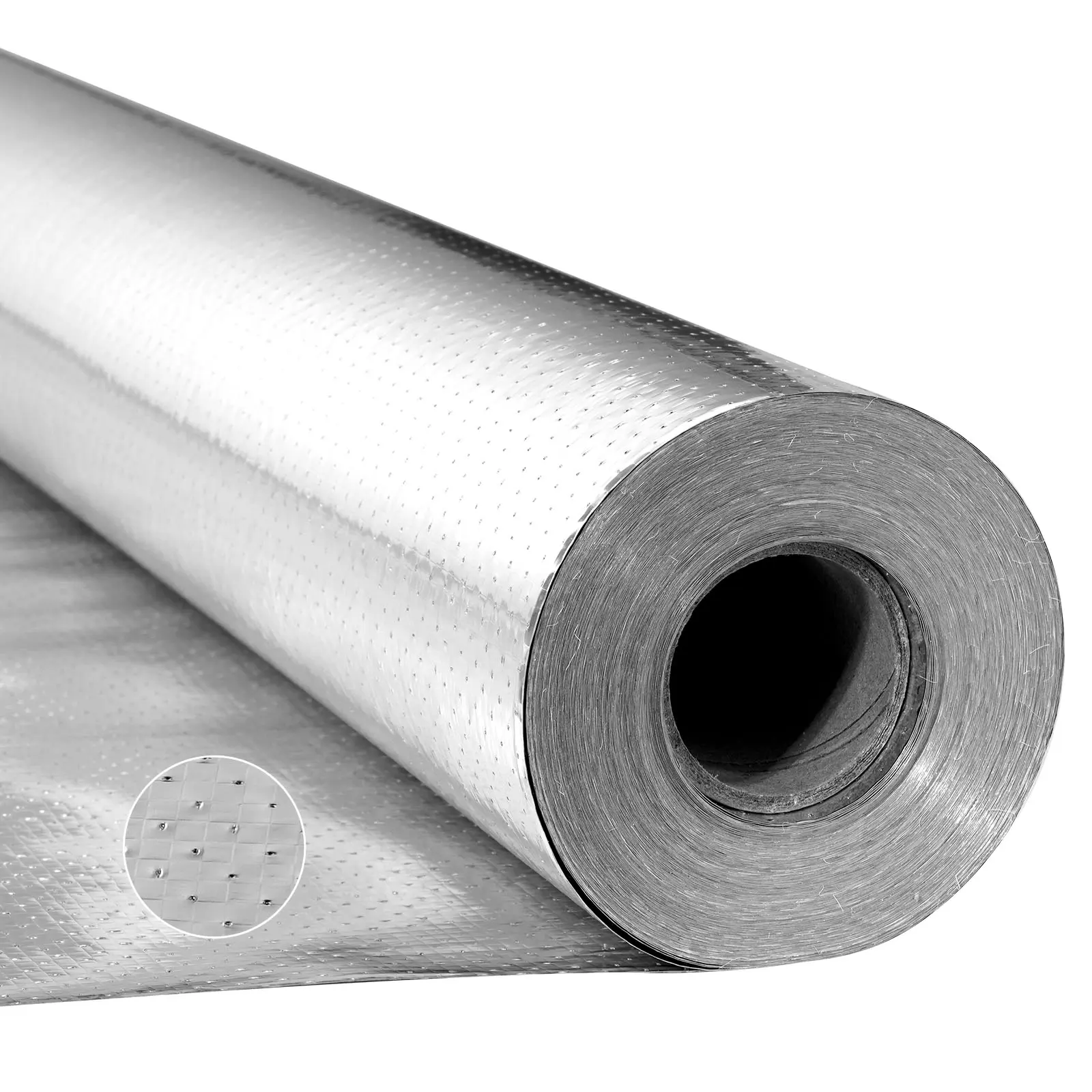 VEVOR 48 in x 250 ft Double Reflective Insulation Roll, 0.15mm Thick Perforated Woven Fabric, Double-Sided Aluminum Foil, Heat Block, Perforated Airflow, Easy Installation for Windows/RV/Roof, Garage Door, Windows/Rv/Roof Use