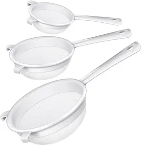 3 Pcs Plastic Nylon Mesh Strainer Colander with Handle Double Ear Fine Food Mesh Strainer Flour Sifter for Baking Kitchen Colander Sifter Tea Juice Pasta (5 Inch, 7 Inch, 8.5 Inch)