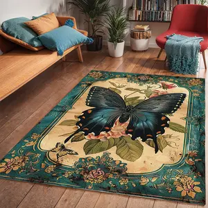 Vintage Butterfly Floral Print Carpet, Foldable Washable Anti-Slip Large Plush Rug for Living Room Bedroom Sofa Dining Area Hotel