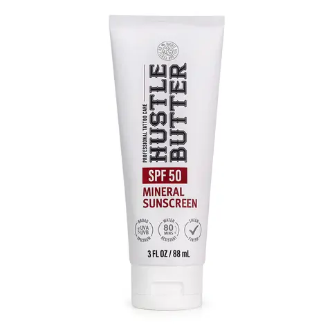 Hustle Butter Tattoo Sunscreen - Mineral Sunscreen Lotion, SPF 50, TSA-Friendly, Water Resistant, 3 oz