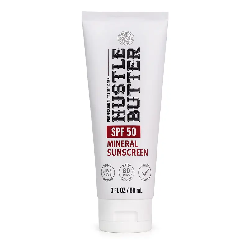 Hustle Butter Tattoo Sunscreen - Mineral Sunscreen Lotion, SPF 50, TSA-Friendly, Water Resistant, 3 oz