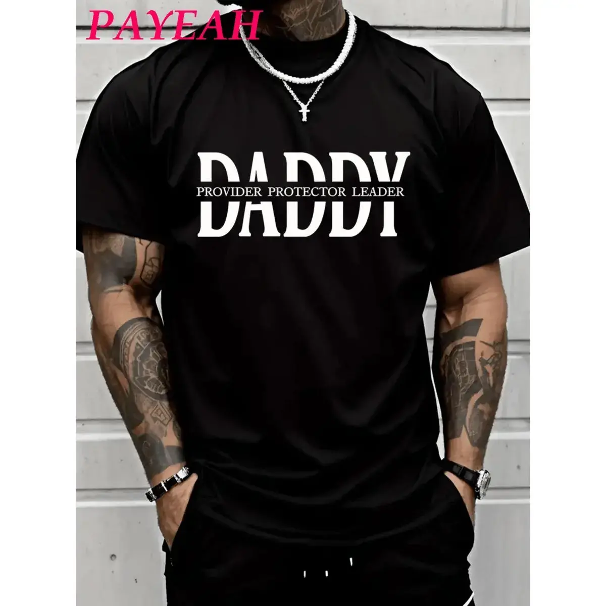 Father's Day Gifts for Him: PAYEAH Mens Round Neck Top - 100% Cotton, 220g Heavyweight Unisex Casual Short-Sleeve T-Shirt, "Dad, Husband, Protector, Hero" Print, Unique Mens Gifts (Single Pack)