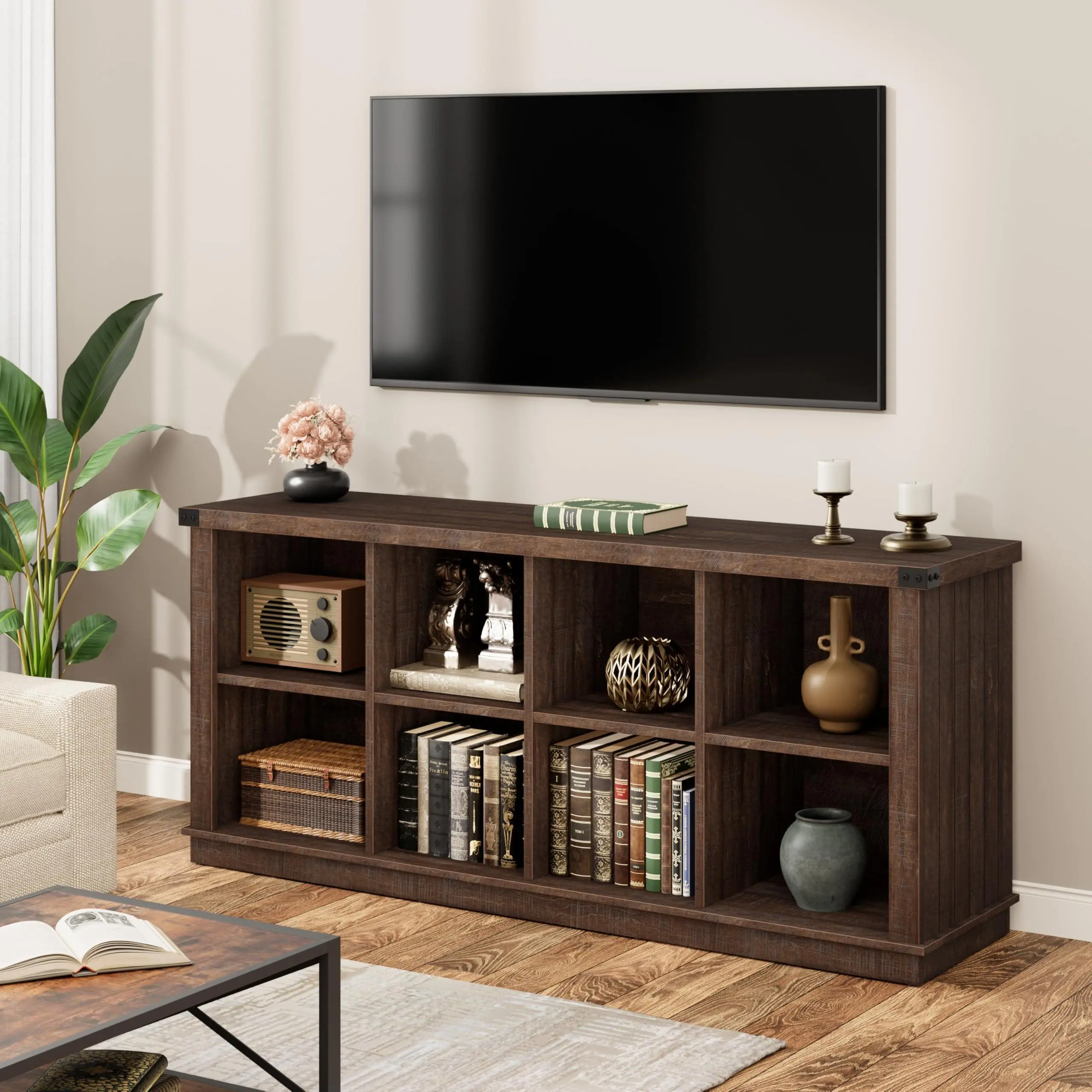 8 Cube Storage Organizer Bookshelf, Farmhouse Horizontal Bookcase, 62 in Long Low Bookshelf, Wood Storage Bookcase for Living Room, Entryway, Home Office, Reddish Brown